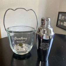 SUNTORY Cocktail Shaker & Ice Pail Set Vintage Koshida Crystal Barware Japan