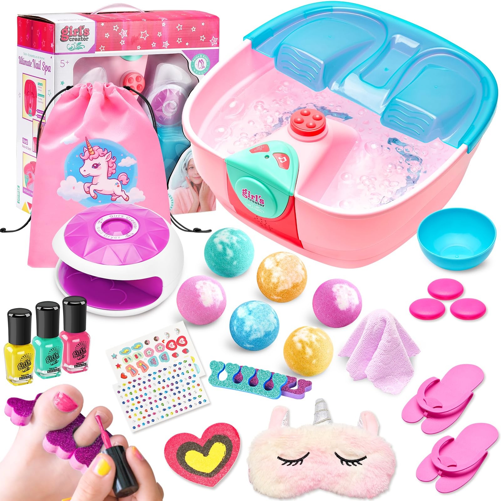 Kids Spa Day Kit for Girls, Foot Spa with Nail Dryer & Bath 