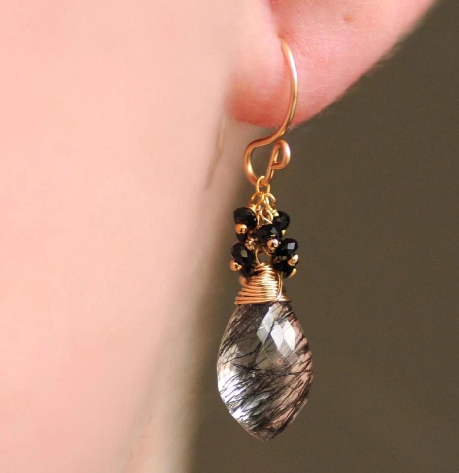 AA+ Pendientes colgantes de cuarzo y espinela rutilados oro 14k micras idea de regalo de cumpleaños Foto 4 de 4