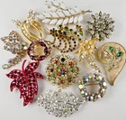 Vintage Jewelry Lot 12 ALL Rhinestone Pin Brooches Austria Coro Milk Glass AB