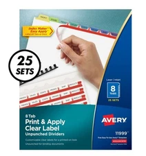 Avery Print & Apply Clear Label Unpunched Dividers 8 Pastel Tabs, 25 Sets 11999