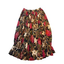 Vintage Floral Pleated Maxi Skirt Elastic Waist Red Green Black 90s Made in USA
