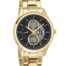 Armani Exchange Mens Multifunction Watch, Black Dial, Gold Stainless Steel Band