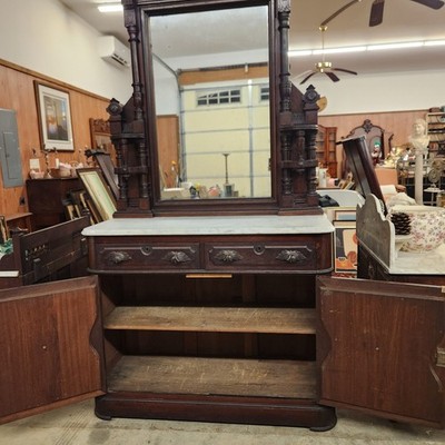 Victorian 1865-1875 Walnut Sideboard W/Mirror + Marble Top 2 Drawers 2 Shelves