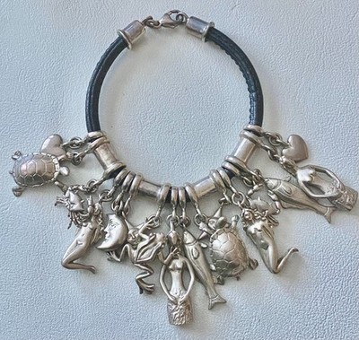 Vintage Woman MOON Ocean Sea SUN Sterling Silver Leather Slide Charm Bracelet
