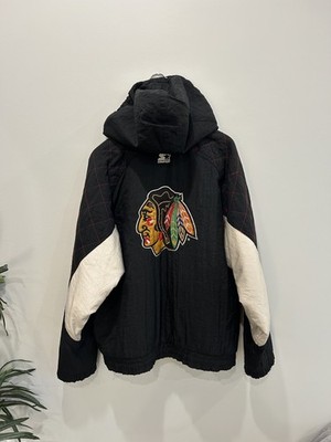 Vintage 90s Starter Chicago Blackhawks Hooded Puffer Jacket NHL Black Red L