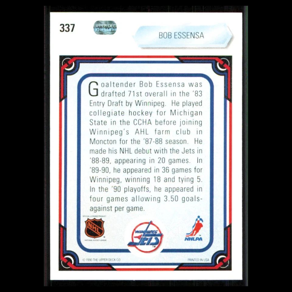 Bob Essensa #337 1990 Upper Deck Winnipeg Jets Hockey Card NHL NM - Image 2 of 3