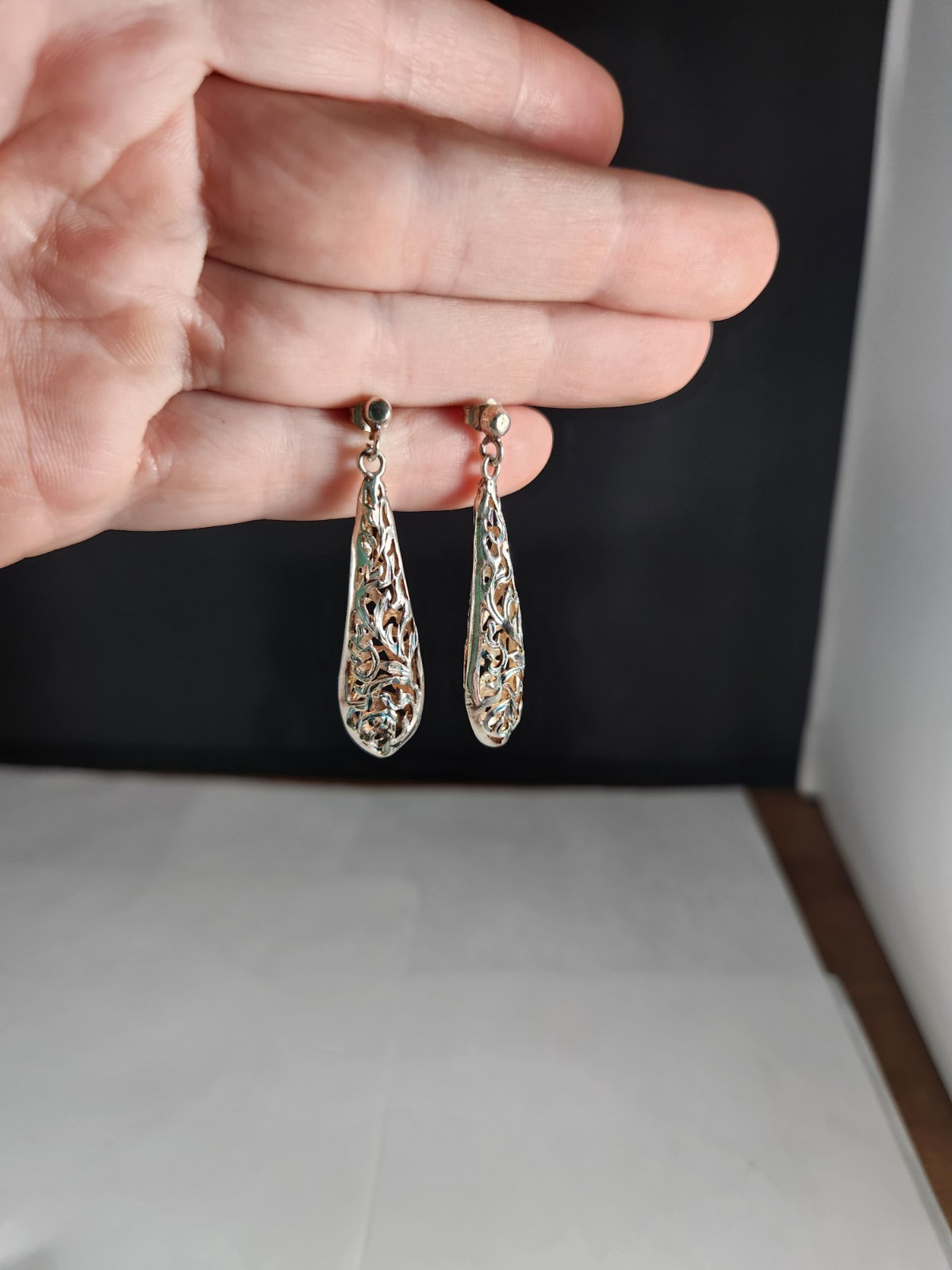 Sterling Silver Post Dangle Earrings Cut out Holl… - image 11