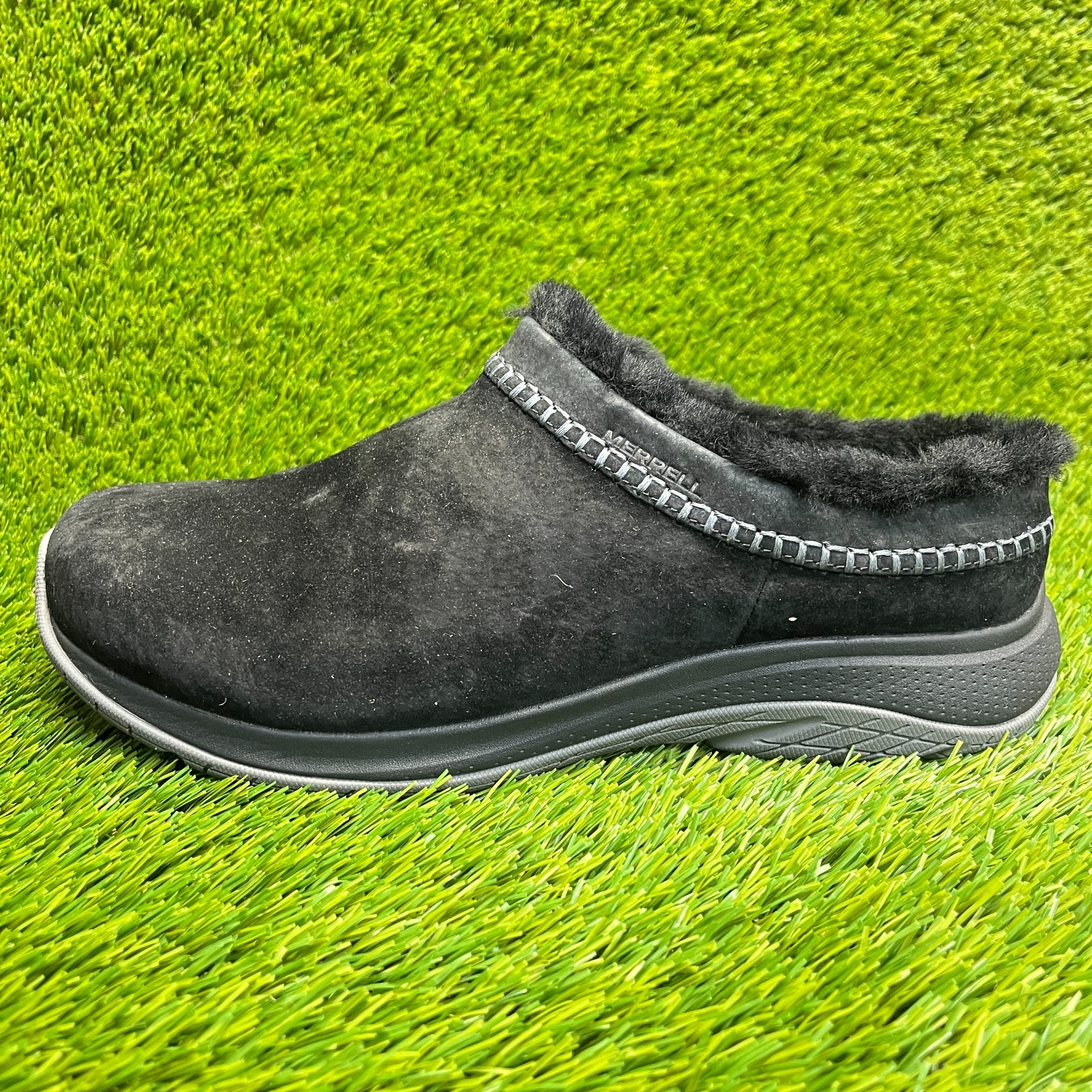 Scarpe zoccoli Merrell Encore Ice 5 larghe da donna taglia 11W nere da passeggio scamosciate slip on