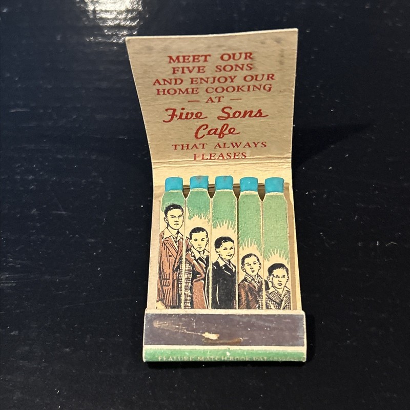 Figural Matchbook Five Sons Cafe Cleveland OH feature Zahorsky Unused