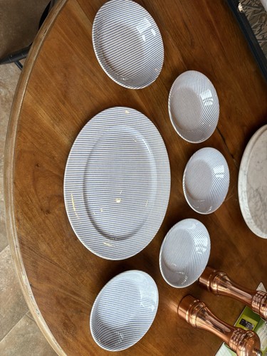 Ralph Lauren Button Down blue Stripe Bowls And Platter Set