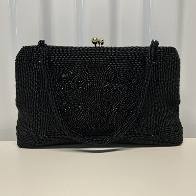 VINTAGE DELLIL EVENING BAG BLACK BEADED HANDBAG PURSE CLUTCH SILK LINED