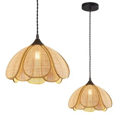 Boho Chandelier Rustic Hemp Rope Pendant Lighting Hand-Woven Rattan Hanging L...