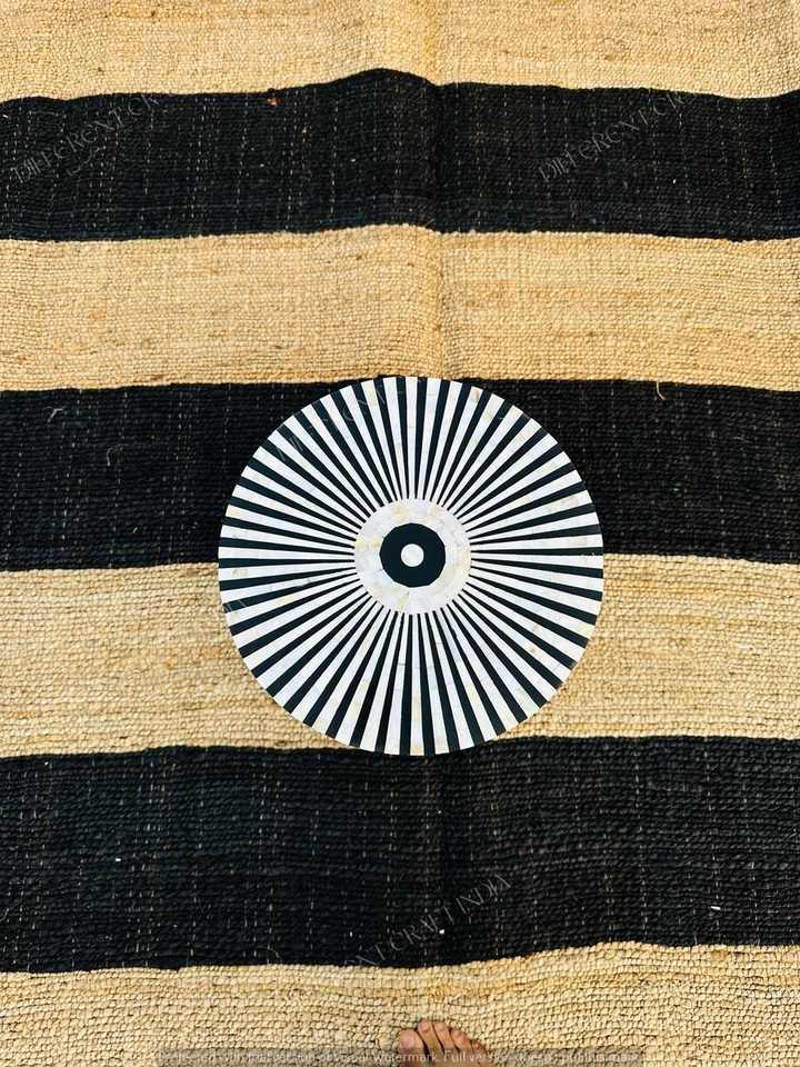 Indian Black and White Cylinder Table with Mother of Pearl Bone Inlay Home Decor - Image 3 of 3