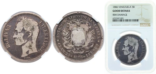 Venezuela 1886 5 Bolivars Silver 900 NGC GOOD