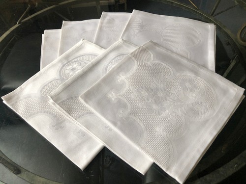VINTAGE Set of 7 White Cotton Damask Napkins