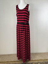 FEVER Womans Dress L Pink Black Sleeveless Striped Belted Long Maxi NWT