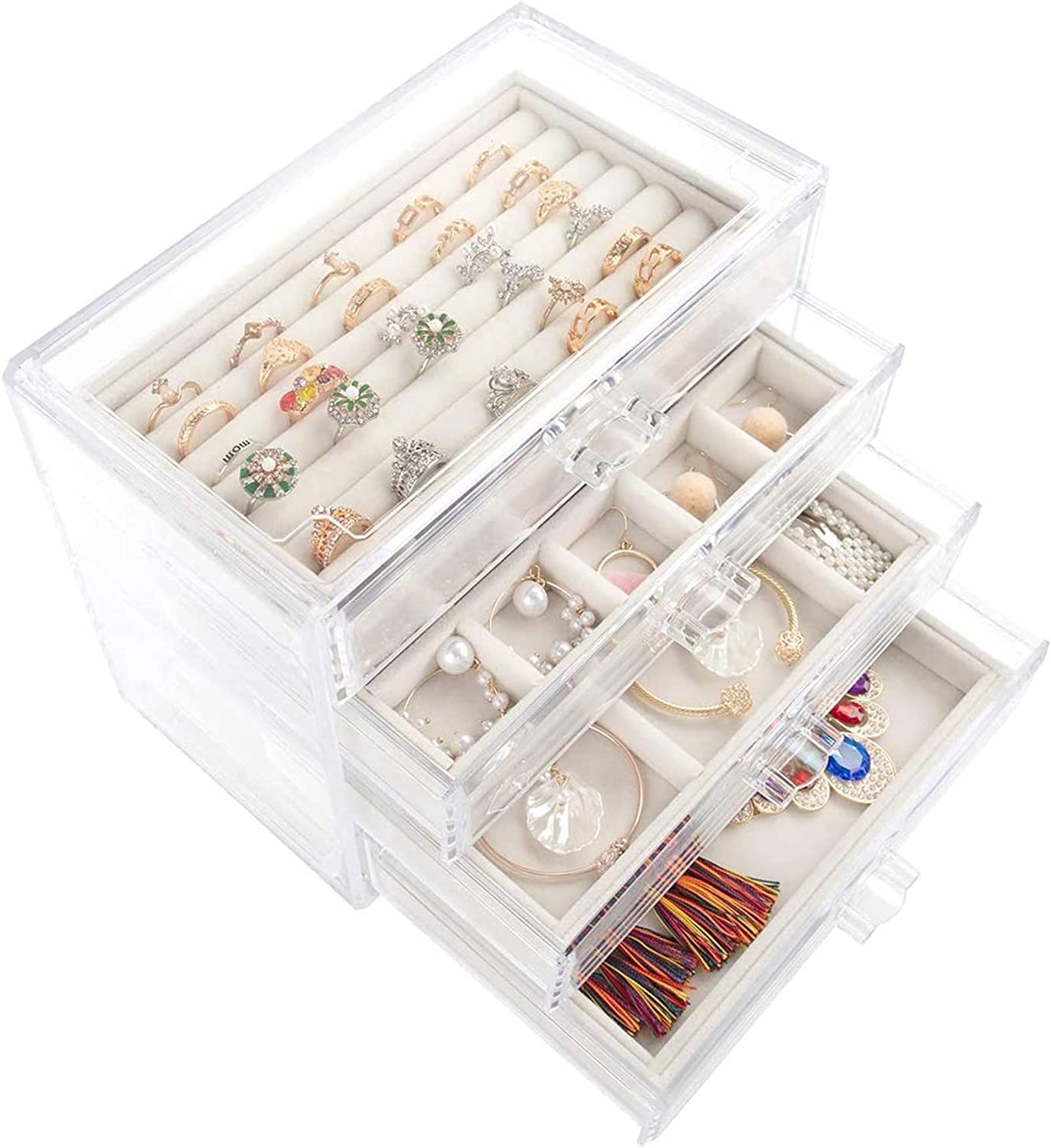 Clear Velvet Jewelry Organizer Box for Women with 4 Drawers for Earrings Rings-image