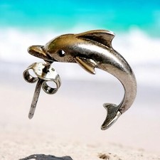 Dolphin Sterling Silver 925 3D Beachy Ocean Huggie Post Earrings 2.77g 20mm