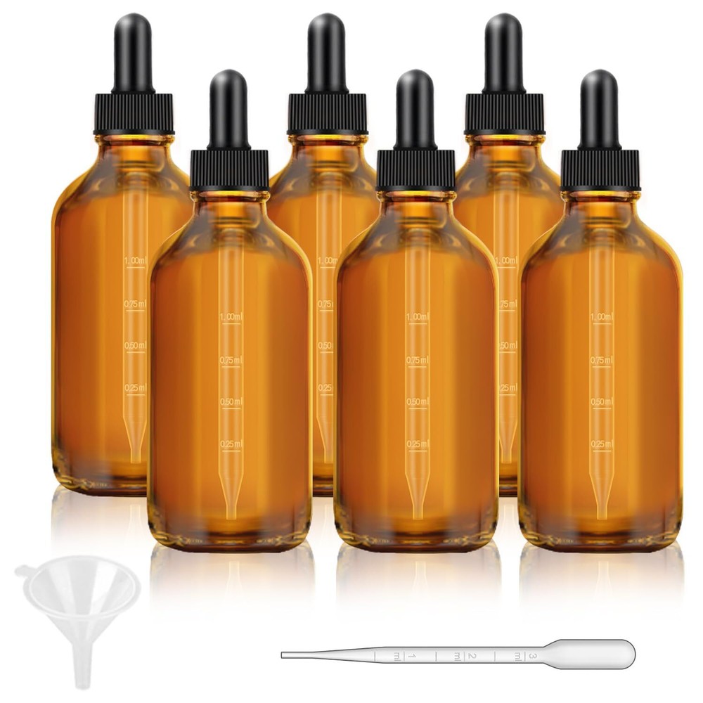 6 Pack 4 Oz Dark Amber Dropper Bottles with Measured Dropper Glass Eye Dropper