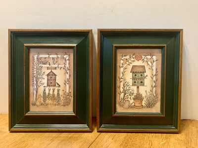 Set Of 2 Birdhouse Series Linda Spivey Vintage 10 3/4 x  8 5/8  Framed Folkart