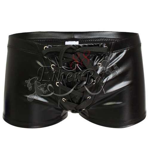 FAUX LEATHER MEN'S BOXER BRIEF SHORTS WETLOOK UNDERWEAR SWIMWEAR METALLIC PANTS - Picture 3 of 10