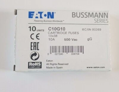 10 X Eaton Cooper Bussmann 10A Industrial Ceramic Cartridge Fuses 10 x 38 mm