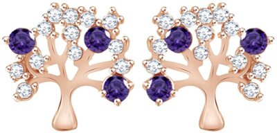Amethyst & Simulated Diamond Tree Of Life Stud Earrings 14K Gold Plated Silver