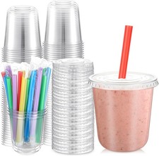 50 Sets 12 oz Clear Cups W/ Lids & Jumbo Smoothie Straws Disposable Plastic Cups