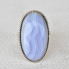 BLUE LACE AGATE NATURAL GEMSTONE 925 SOLID STERLING SILVER HANDMADE JEWELRY RING
