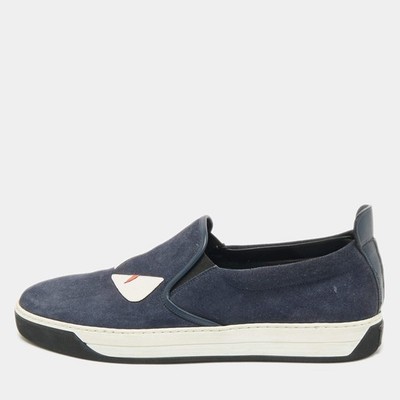 Fendi Monster Eyes Gr. 43 Navy Blau Leder und Wildleder Slipper Sneaker