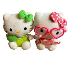 2 Sanrio Hello Kitty Plush Doll Ty Beanie Babies | Heart Glasses & Green Apple