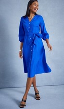 Talbots Poplin Fit & Flare Blue Midi Shirt Dress Size 16 Button Down Belted NWT