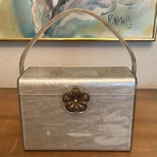 Vtg Wilardy Gray Pearlized Lucite Box Purse Handbag w/ Filigree Clasp 1950s