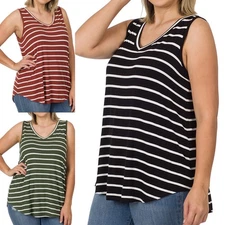 1X 2X 3X Plus Women's Striped V-Neck Sleeveless Rayon Loose Fit Tank Top Zenana