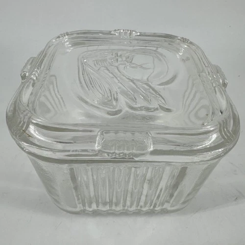 Federal Glass Rib Clear Glass Refrigerator Dish Box with Lid Square Vintage