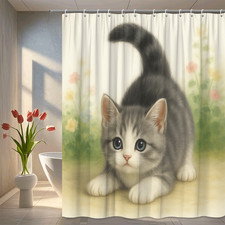 Cute Grey Cat Shower Curtain for Kids Room, Floral Design