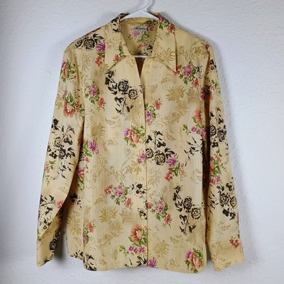 Vintage Erfo Floral Button Front Blouse Gold Stripe EU 46 US L Cotton Blend