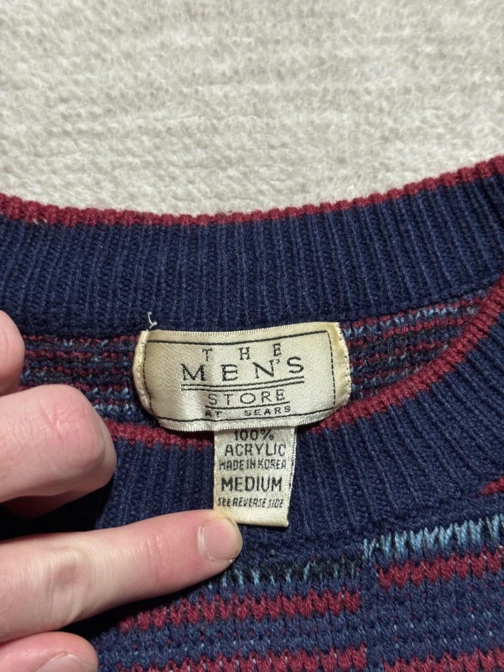 Vintage Sears Mens Store Sweater Mens Medium Blue Knit Geometric Pattern 80s - Image 2 of 4