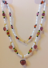 WW 12 UNIQUE faux pearl amber & purple/amber glass beads & hearts necklace