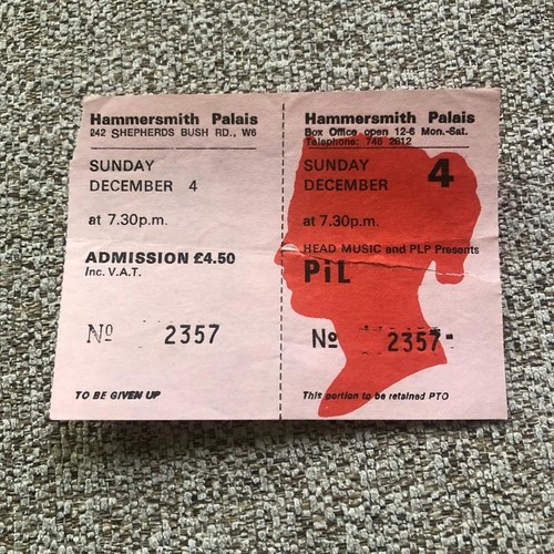 Public Image Limited PIL Lydon Complete Ticket Hammersmith Palais 04.12.83 #2357