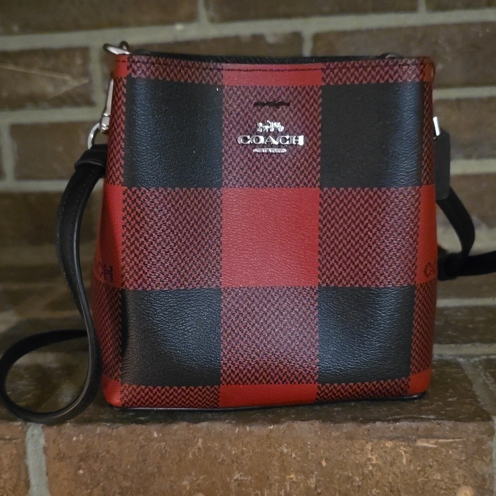 Coach Mini Town Bucket Bag With Buffalo Plaid Print- Red/Black