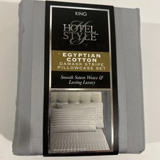 NWT Hotel Style Egyptian Cotton King Pillowcases Stripe 21"x40" Grey Damask