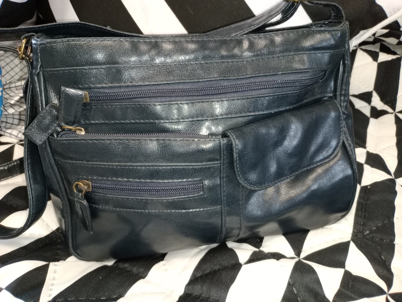 Whisper Ladies Navy Blue Leather Shoulder Bag Multi Pockets Utility Pocket Divid