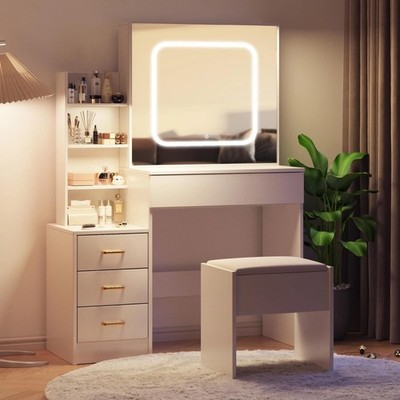 Vanity Desk Makeup Dressing Table Set w/ 4 Drawers Sliding Mirror and LED Lights