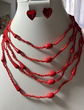 Multi-Strand Red Beaded Necklace  Heart Earrings Set Seed-Bead Oval Teardrop