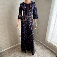 NEW Miss May Retro Bell Sleeve Navy A-Line Lace Maxi Dress Medium Formal Boho