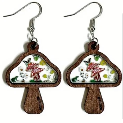 Wooden Mushroom Earrings with Floral Design