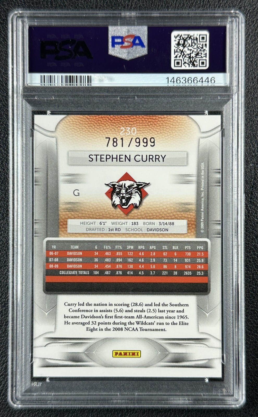 STEPHEN CURRY PSA 8 2009-10 PANINI PRESTIGE #230 DRAFT PICKS LIGHT BLUE RC /999 view 2