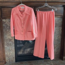 Vintage 60s 70s women leisure jacket pantssuit coral orange/ white checked m/l